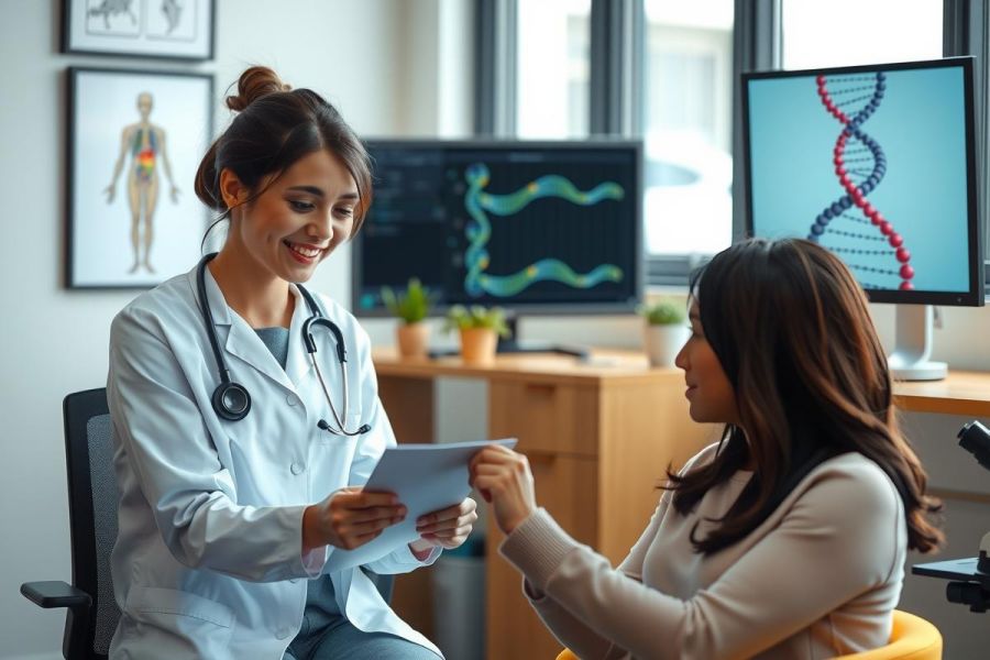 Doctor examines patient, reviewing paperwork in a modern clinic setting. Healthcare professional, medical consultation, patient care, examination room, white coat, friendly interaction.