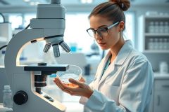 Female scientist in a lab examining a petri dish under a microscope. The image showcases scientific research, biology, and laboratory work with a focus on precision and analysis in a modern, clean environment. Predominant colors are white and cool tones.
