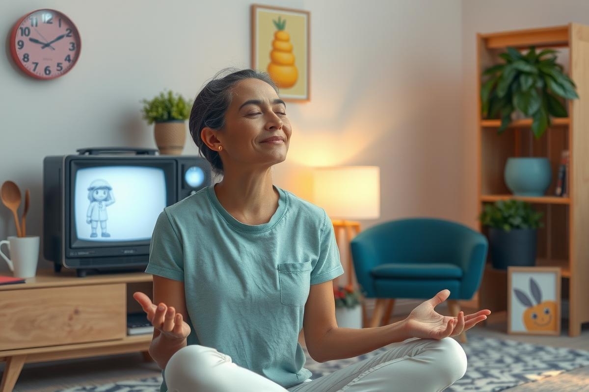 The image portrays a woman sitting on the floor with her hands clasped in front of her. She is wearing casual attire, including white pants and a light-colored top. The background indicates an indoor living space with furniture such as a couch and a chair, suggesting a comfortable home setting.