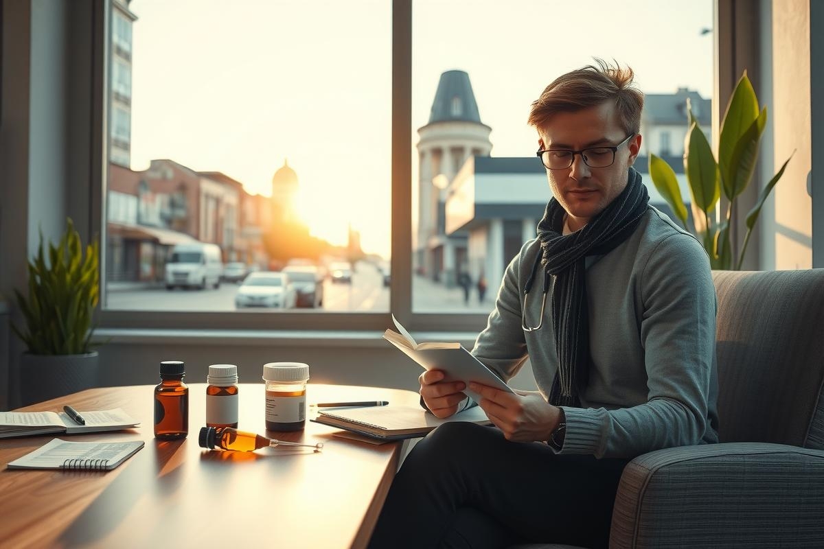 This image depicts a man sitting at a desk in an office environment during daytime. He is reading a document, which suggests a professional context possibly related to business or work tasks. The environment has modern decor and is well-lit by natural sunlight, creating a serene atmosphere.