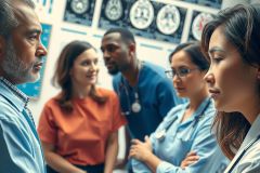 In a medical setting, a diverse group of healthcare professionals are gathered around a table in discussion. The focus is on two individuals who appear to be having a serious conversation.