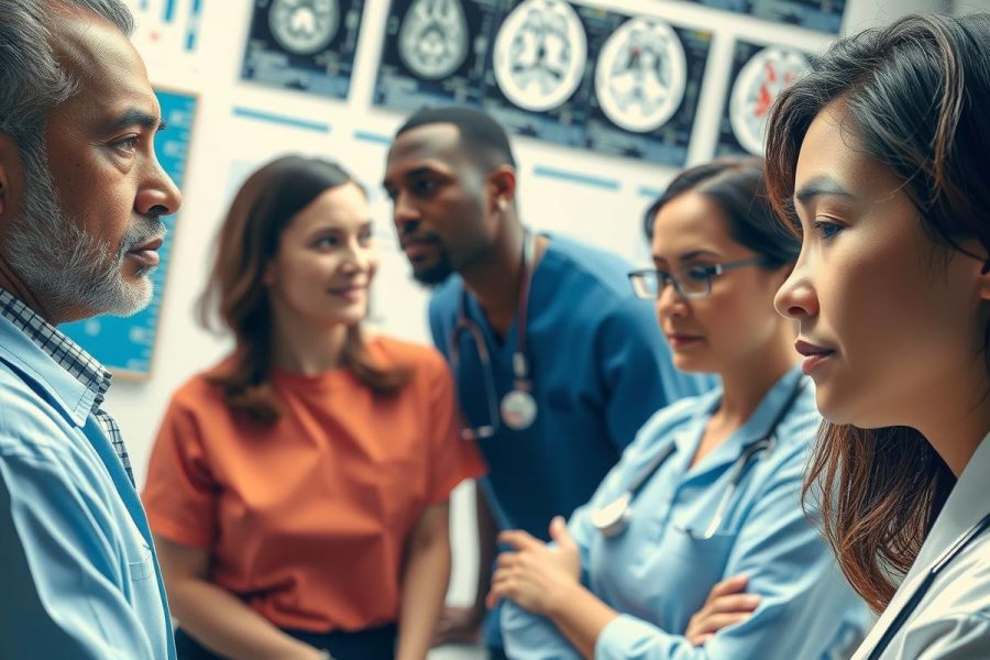 In a medical setting, a diverse group of healthcare professionals are gathered around a table in discussion. The focus is on two individuals who appear to be having a serious conversation.
