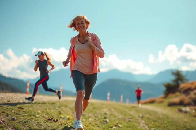 The image shows two women running on a road or trail with mountains in the background. They are dressed in athletic wear and appear to be engaged in physical activity, likely participating in an outdoor sports event or exercise.