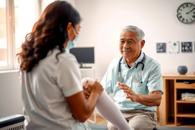Doctor examines a patient's leg during a medical consultation. The scene takes place in a brightly lit clinic setting.  A caring and friendly interaction between healthcare professional and patient is evident.