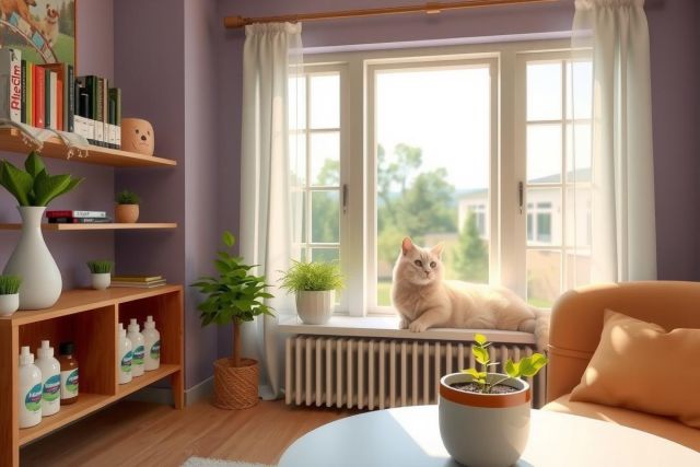 The image shows a cozy living room scene. The dominant colors are shades of purple, creating a calm and relaxed atmosphere. A cat is comfortably sitting on the windowsill, looking out through a window with white frames. 