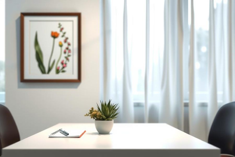 Modern office workspace with a white table, potted plant, notepad, pen, and botanical print artwork. Bright, clean environment featuring neutral colors and natural light.