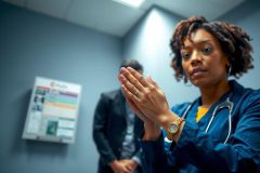 Healthcare worker performing handwashing in a medical setting. Blue scrubs, stethoscope, and a poster visible. Focus on hygiene and medical protocols.