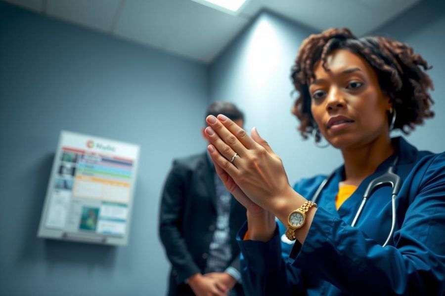 Healthcare worker performing handwashing in a medical setting. Blue scrubs, stethoscope, and a poster visible. Focus on hygiene and medical protocols.