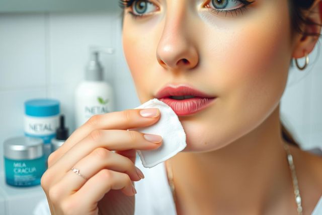 Close-up of a woman cleansing her face with a cotton pad. Skincare routine, beauty, and self-care concepts are highlighted. Soft lighting and a clean background enhance the focus on the cleansing process.