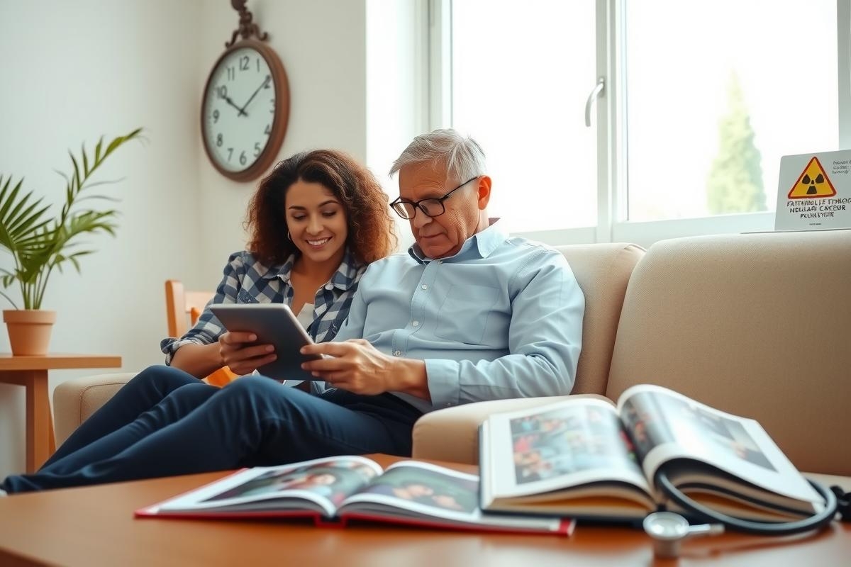 The image shows an older man and a young woman sitting together on a beige couch. The room appears to be a living room with a window allowing natural light in, suggesting it's daytime. Both individuals are wearing glasses and appear engaged with each other or the device they hold - possibly a tablet. They share a warm and comfortable atmosphere.