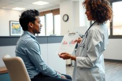 A doctor discusses lab results with a patient in a clinic setting. The image shows a medical professional in a white coat presenting data to a male patient, highlighting healthcare consultation and diagnostics.