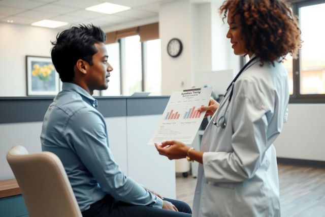 A doctor discusses lab results with a patient in a clinic setting. The image shows a medical professional in a white coat presenting data to a male patient, highlighting healthcare consultation and diagnostics.