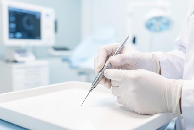 Close-up shot of a medical professional in white gloves holding a metallic medical instrument over a sterile white tray. The background features a bright, blurred medical clinic environment with clinical equipment and a monitor. Clean, high-key lighting with a white and blue color palette emphasizes a sterile, professional healthcare setting.