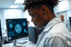 Doctor examining brain scan images on a computer screen in a medical lab. Focus on diagnostic imaging and healthcare technology. Bright, clinical environment.