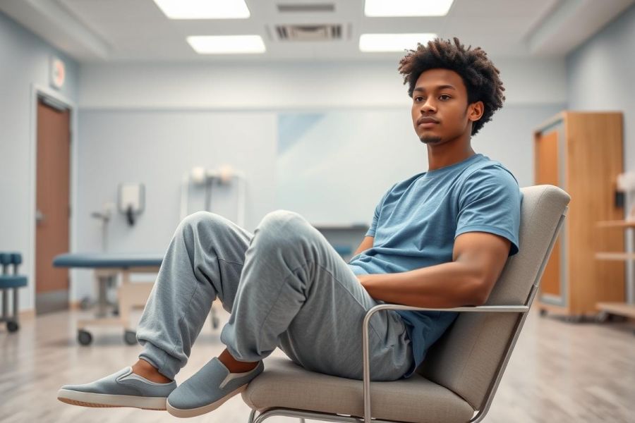 Young man sits casually in a medical waiting room. He wears a blue t-shirt and gray sweats, looking directly at the camera. The room features soft blue walls and medical equipment in the background, suggesting a clinic or hospital setting.