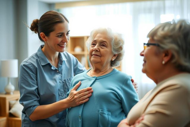 Caregiver comforting an elderly woman in a bright, cozy room. Warm colors, gentle interaction, showcasing compassion and senior care.