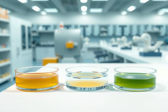 Laboratory setting with three petri dishes containing colorful solutions: orange, yellow, and green. Scientific research, biology, or chemistry experiment. White lab table, blurred background.
