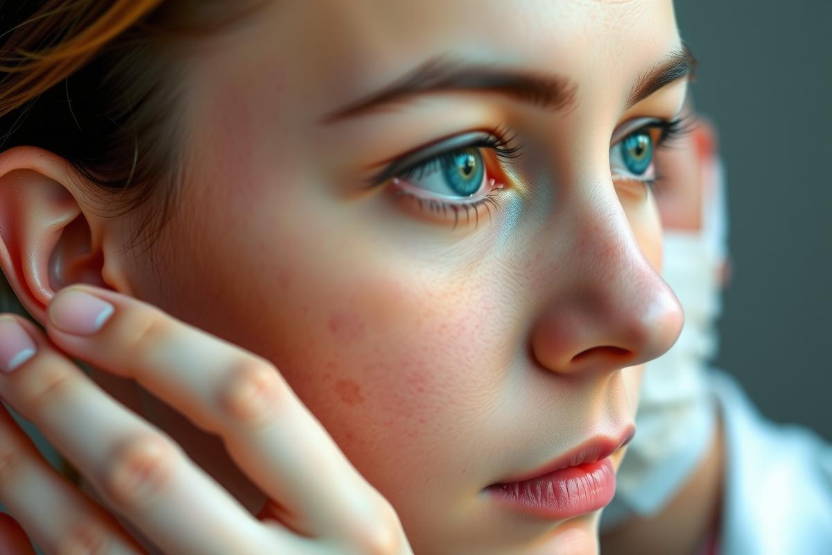 The image shows a close-up of a woman's face, looking directly at the camera. Her facial features are prominent, with her blue eyes and well-defined eyebrows being particularly noticeable.