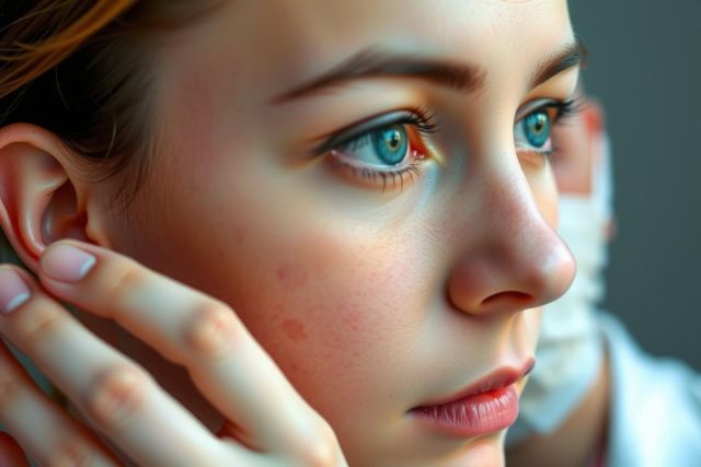 The image shows a close-up of a woman's face, looking directly at the camera. Her facial features are prominent, with her blue eyes and well-defined eyebrows being particularly noticeable.