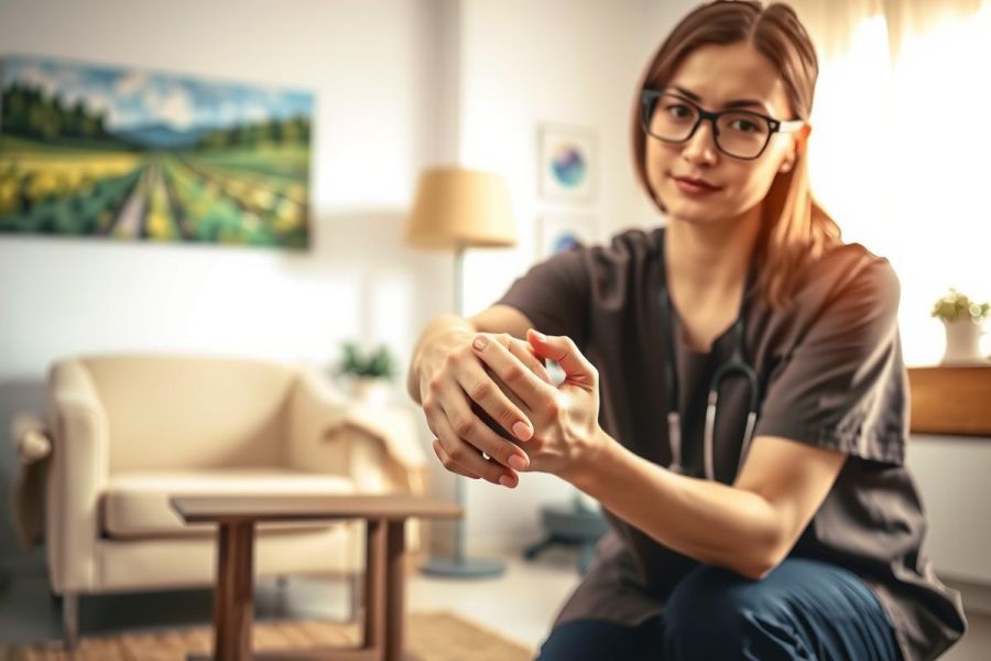 Woman in casual clothes sits on a sofa, looking at hands. Interior scene with warm lighting and a comfortable living room atmosphere.