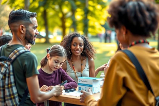 This image depicts a group of people gathered around an outdoor table. They appear to be engaged in some form of workshop or collaborative activity, as suggested by the papers and boxes on the table.