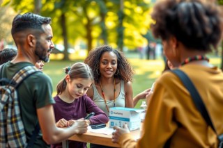 This image depicts a group of people gathered around an outdoor table. They appear to be engaged in some form of workshop or collaborative activity, as suggested by the papers and boxes on the table.