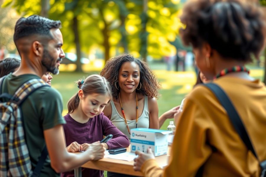 This image depicts a group of people gathered around an outdoor table. They appear to be engaged in some form of workshop or collaborative activity, as suggested by the papers and boxes on the table.