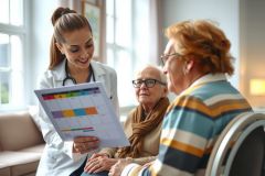 Doctor discussing medical report with elderly patient in a bright, modern healthcare setting. Focus on patient care, wellness, and senior health. Warm lighting and a friendly atmosphere.