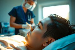Medical procedure in progress. A patient lies on an examination table while a healthcare professional wearing gloves and a mask performs a close-up examination. Bright, clinical setting.