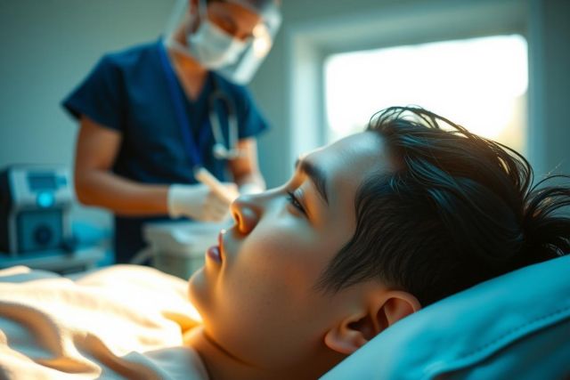 Medical procedure in progress. A patient lies on an examination table while a healthcare professional wearing gloves and a mask performs a close-up examination. Bright, clinical setting.