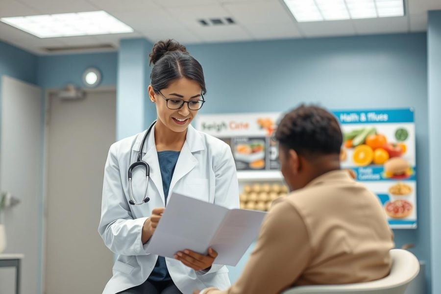Doctor consults with a patient in a modern clinic setting. A female physician in a white coat reviews documents with a male patient, showcasing healthcare consultation. Blue walls and health food displays are visible in the background. Focus on medical care and patient interaction.