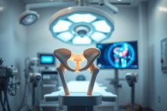 Medical image depicting a human pelvis model in a surgical operating room. Bright lights illuminate the bone structure, with an X-ray scan visible in the background. Focus on orthopedic surgery, anatomy, and healthcare concepts. White, blue, and orange tones dominate the scene.