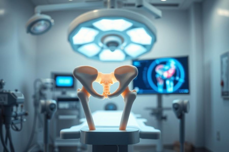 Medical image depicting a human pelvis model in a surgical operating room. Bright lights illuminate the bone structure, with an X-ray scan visible in the background. Focus on orthopedic surgery, anatomy, and healthcare concepts. White, blue, and orange tones dominate the scene.