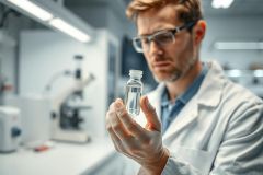 Scientist in a lab coat examines a vial of liquid, likely conducting research. The sterile, modern lab environment features scientific equipment like a microscope. Focus is on the researcher and the clear liquid, suggesting analysis or experimentation.  Science, laboratory, research, vial, scientist.