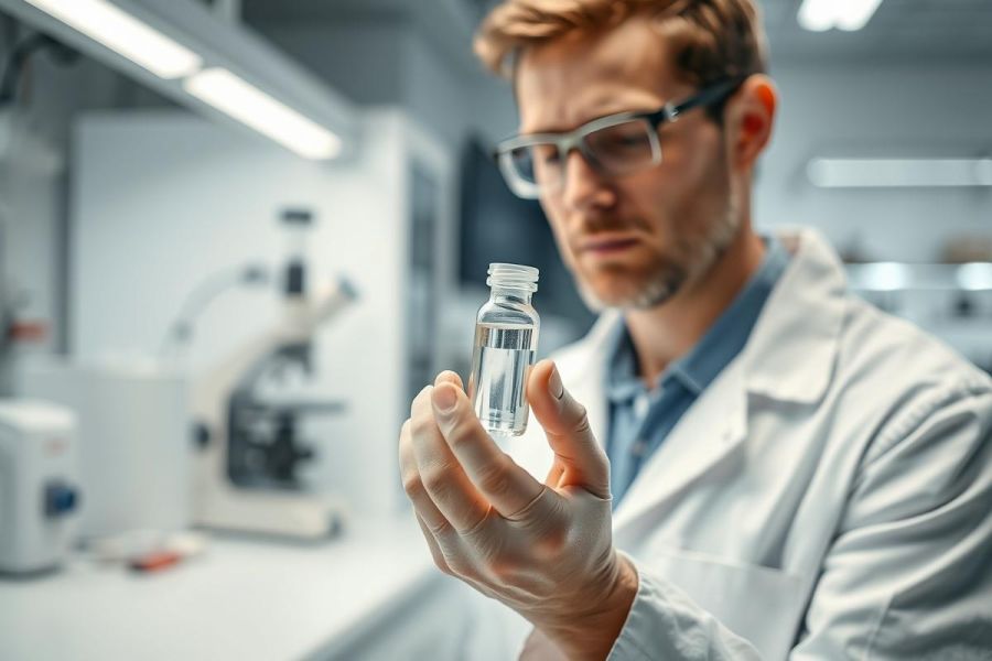 Scientist in a lab coat examines a vial of liquid, likely conducting research. The sterile, modern lab environment features scientific equipment like a microscope. Focus is on the researcher and the clear liquid, suggesting analysis or experimentation. Science, laboratory, research, vial, scientist.