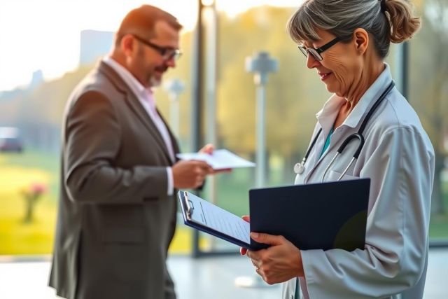 The image depicts a professional setting, featuring two individuals engaged in what appears to be a consultation or discussion. There is a medical doctor, identifiable by the white lab coat with the name tag and stethoscope.