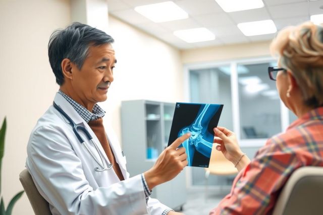 A doctor shows a patient an X-ray in a medical office setting. The doctor is wearing a white coat and the patient is seated. The image highlights medical diagnostics and healthcare consultation.