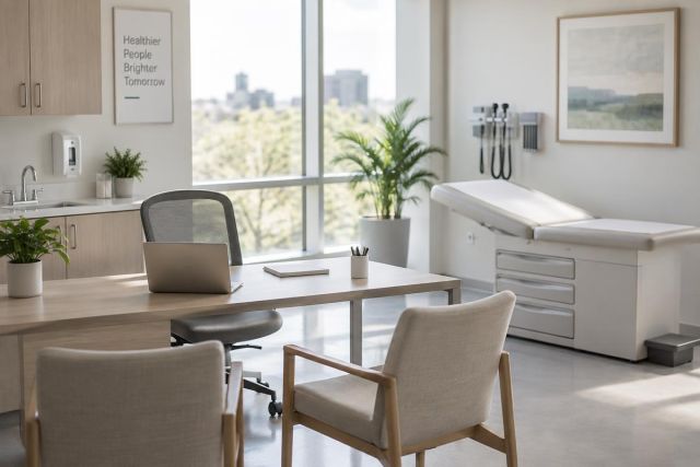Sunlit orthopedic consultation room with exam table, desk, laptop, and patient chairs.