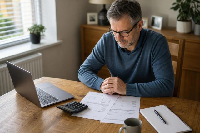 Middle-aged man reviewing dental bill and receipts at home desk, budgeting healthcare costs.
