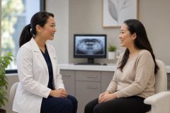 Dentist and patient smiling during consultation in a clean dental clinic, X‑ray visible on monitor.