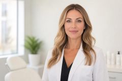 Female clinician in white coat in a bright aesthetic clinic consultation room for cosmetic care.