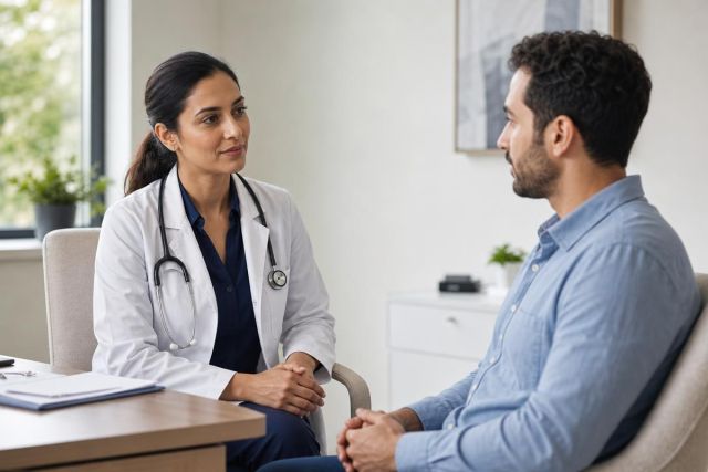 Doctor in white coat consulting male patient in clinic, calm professional preoperative discussion.