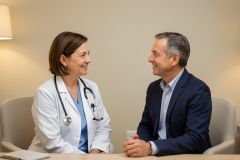 Female dentist in a white coat smiling and discussing treatment with a middle-aged male patient in an exam room