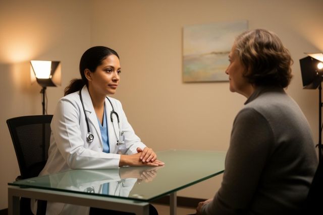 A clinician listens attentively to a patient across a glass desk during a medical consultation.