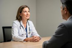 Female physician in white coat attentively consulting with a seated patient across a desk.