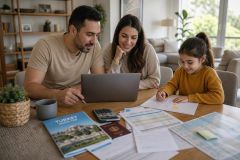 Parents and child planning a pediatric dental trip to Turkey with brochures and budget sheets.