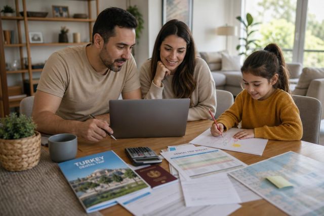 Parents and child planning a pediatric dental trip to Turkey with brochures and budget sheets.