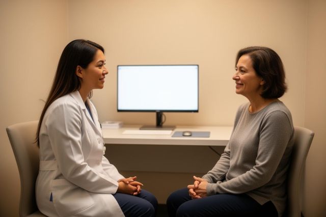 Woman physician in a white coat consulting a middle-aged patient across a desk in a clinic room.