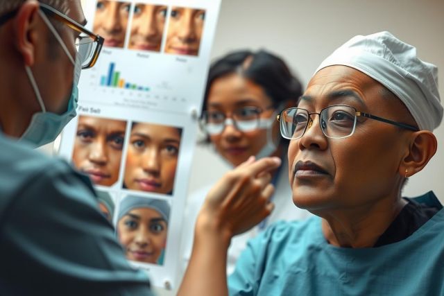 The image shows a group of people in what appears to be a medical setting, possibly a cosmetic clinic or dermatologist's office. There is a male patient seated and engaged with the staff.
