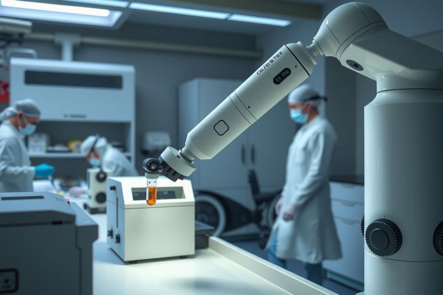 Laboratory setting with scientists in lab coats and masks working with equipment. Focus on a liquid-filled vial and precision instruments. Scientific research environment.